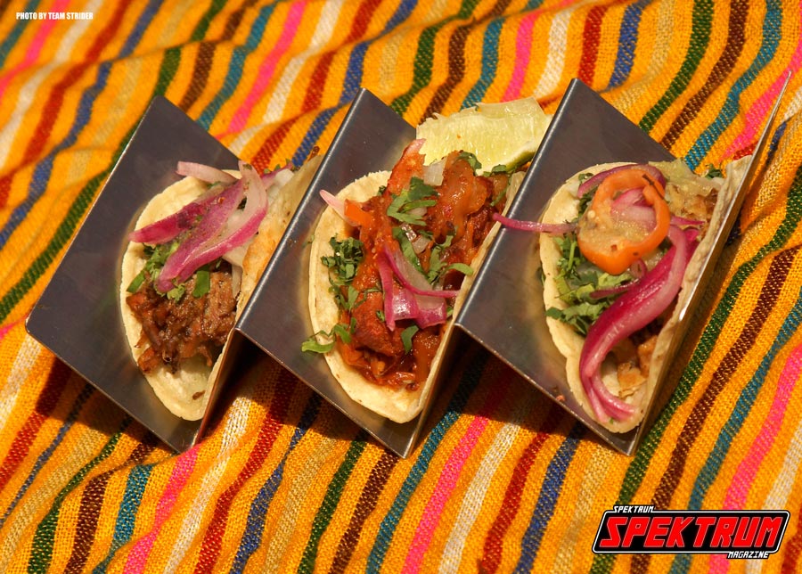 Tacos in three flavors. Beef, pork and chicken. Yum