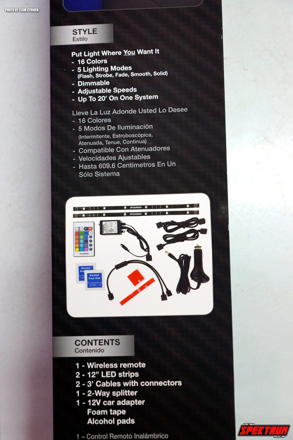 The rear of the box showing contents and info