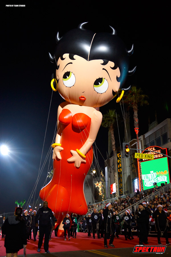 A giant Betty Boop balloon heads down Hollywood Blvd